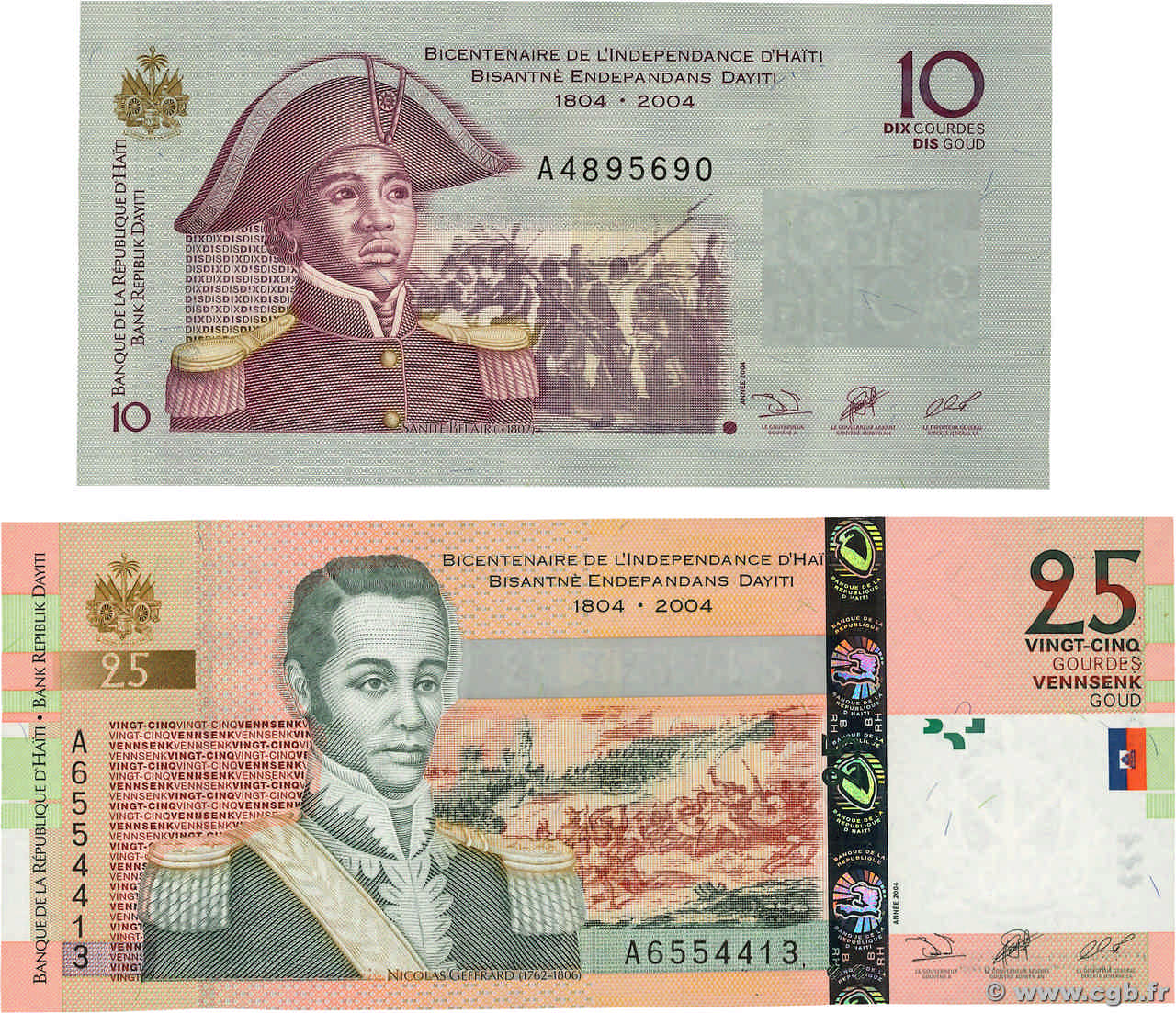 10 et 25  Gourdes  Lot HAÏTI  2004 P.272a et P.273a NEUF
