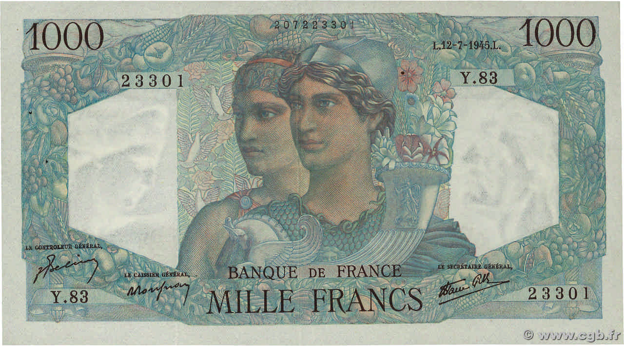 1000 Francs MINERVE ET HERCULE FRANCE  1945 F.41.06 TTB+