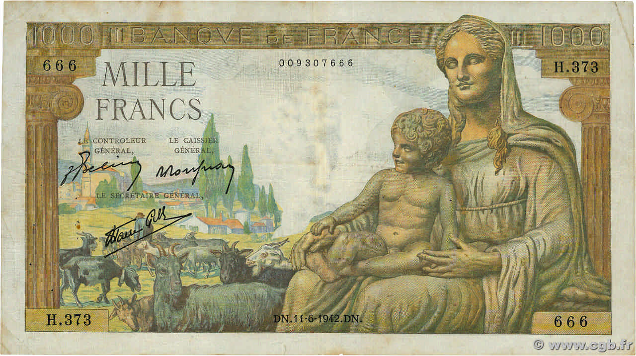 1000 Francs DÉESSE DÉMÉTER FRANCE  1942 F.40.02 TB+