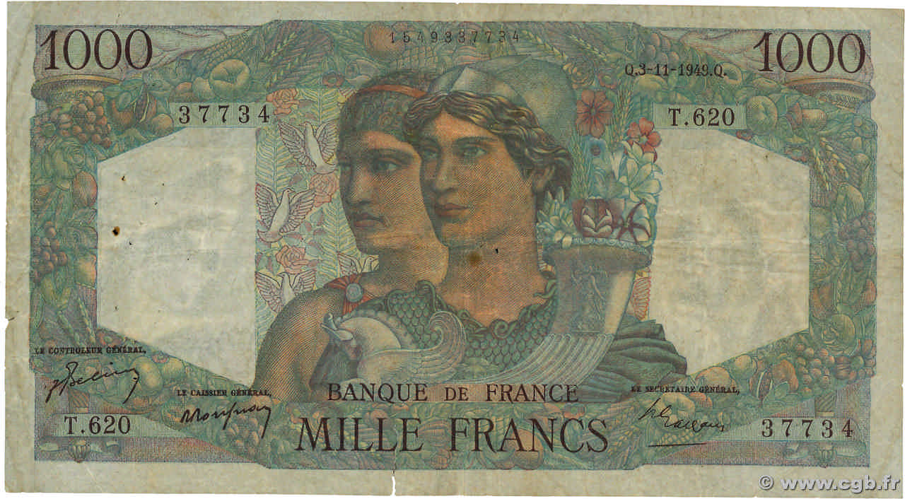 1000 Francs MINERVE ET HERCULE FRANCE  1949 F.41.29 B+