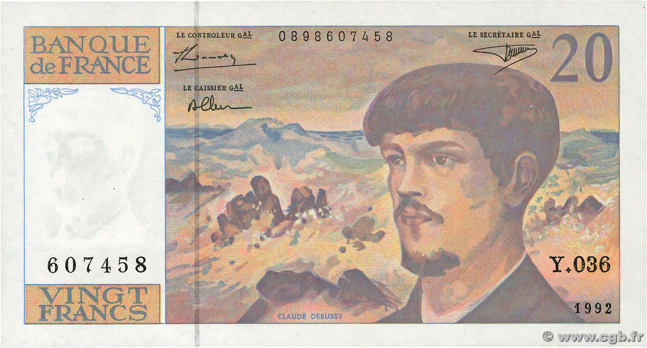 20 Francs DEBUSSY à fil de sécurité FRANCE  1992 F.66BIS.03 pr.NEUF