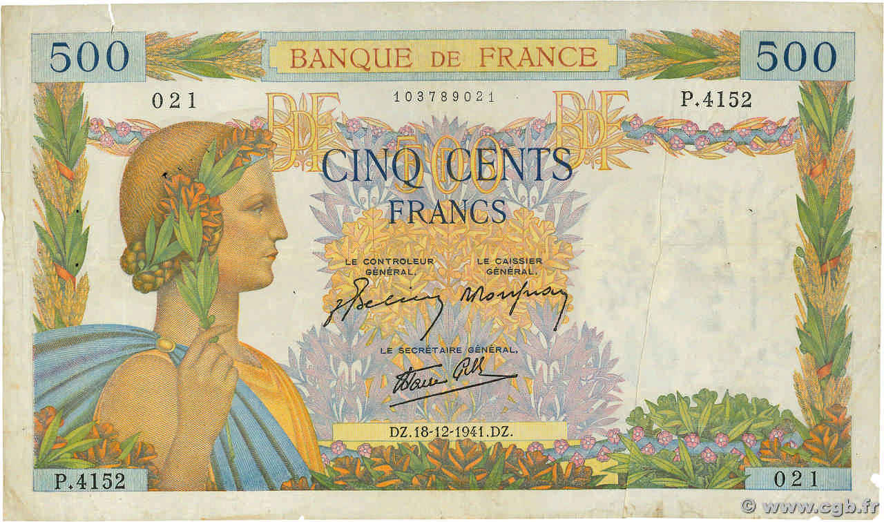 500 Francs LA PAIX FRANCE  1941 F.32.25 TB