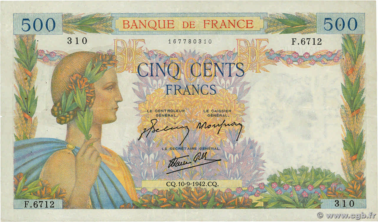 500 Francs LA PAIX FRANCE  1942 F.32.37 TTB
