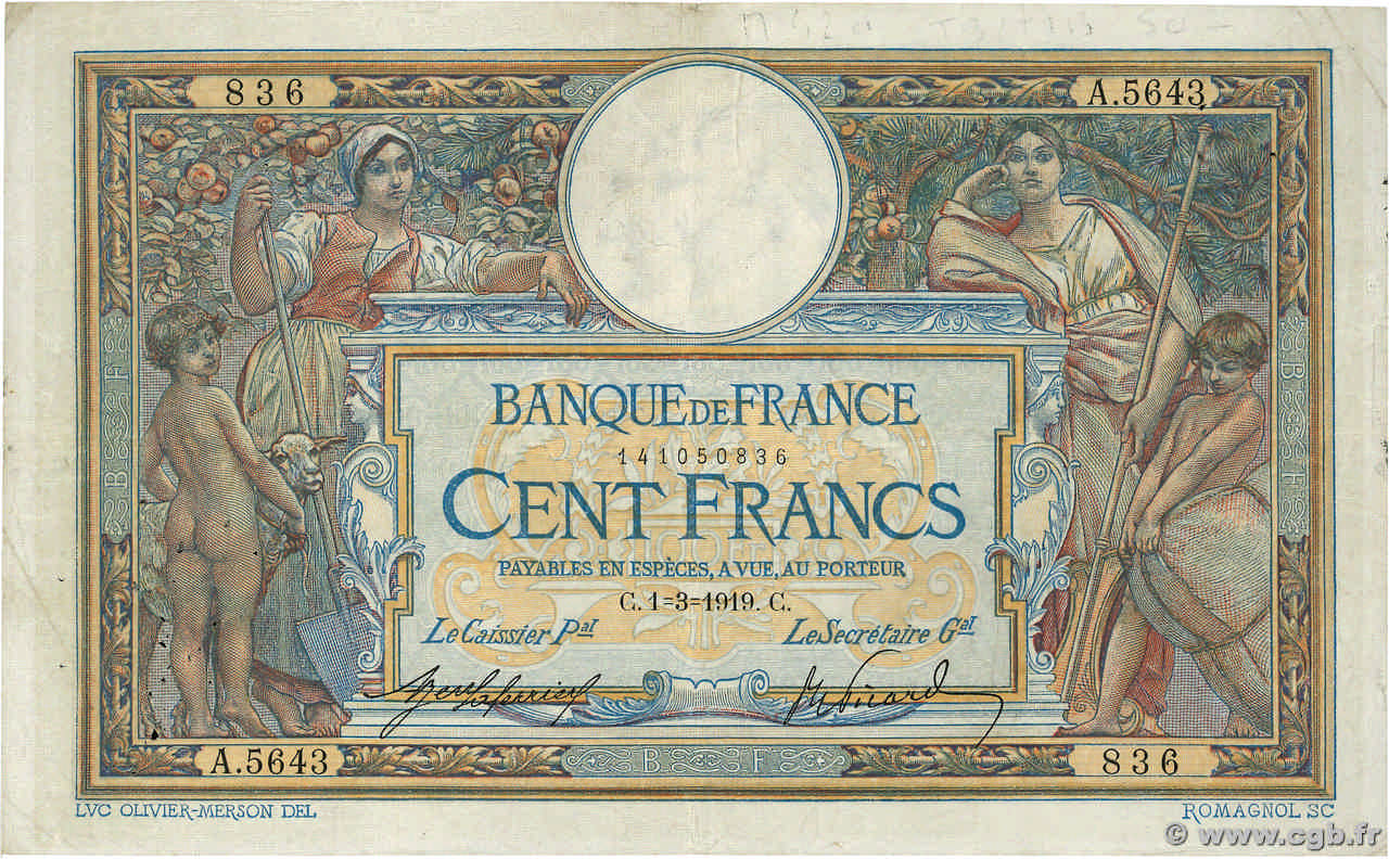 100 Francs LUC OLIVIER MERSON sans LOM FRANCE  1919 F.23.11 TB