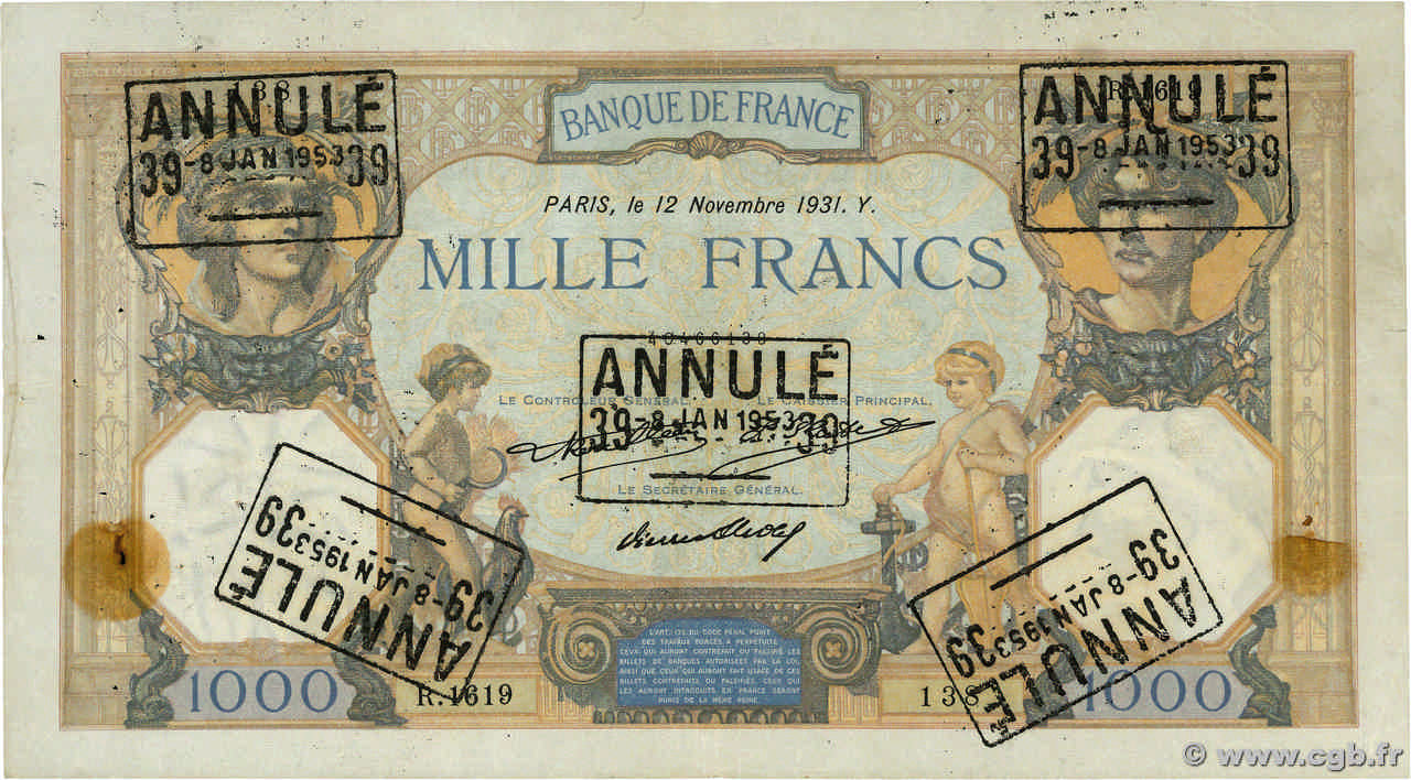 1000 Francs CÉRÈS ET MERCURE Annulé FRANCE  1931 F.37.06 TB