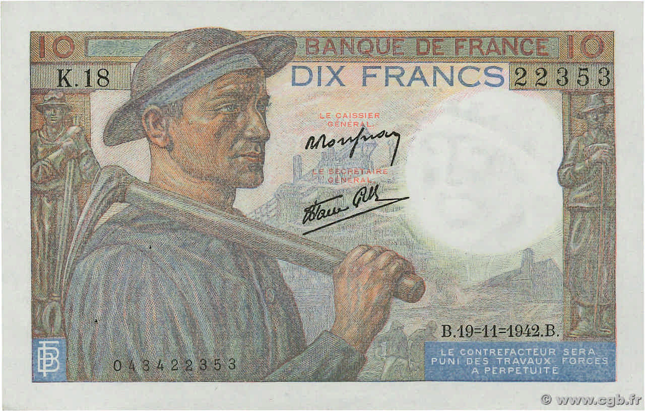 10 Francs MINEUR FRANKREICH  1942 F.08.05 fST