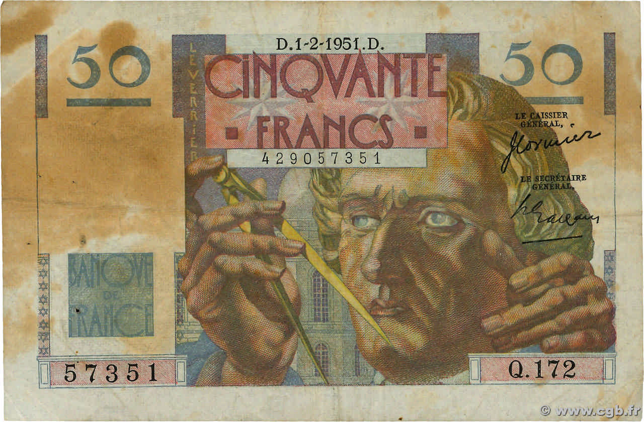 50 Francs LE VERRIER FRANCE  1951 F.20.17 TB
