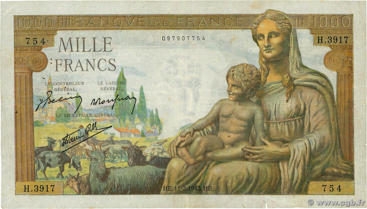 1000 Francs DÉESSE DÉMÉTER FRANCE  1943 F.40.18 TB