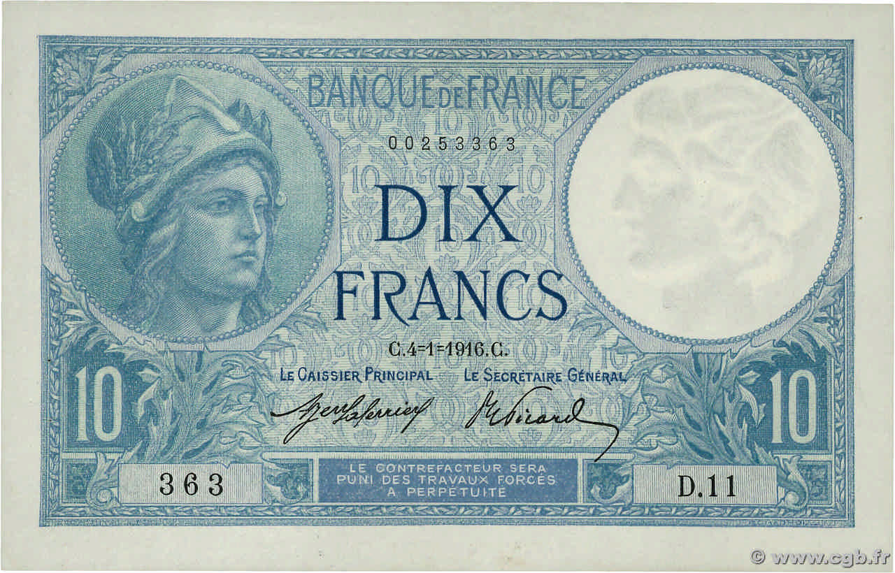 10 Francs MINERVE FRANCE  1916 F.06.01 SUP