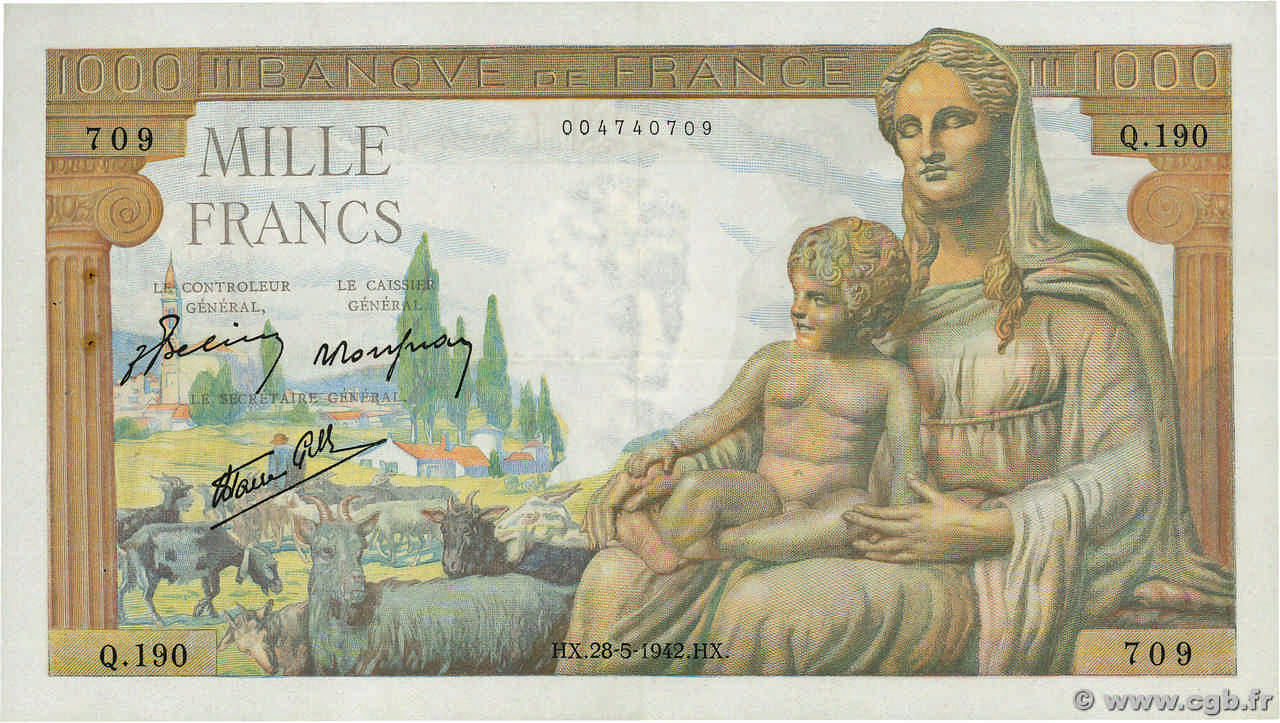 1000 Francs DÉESSE DÉMÉTER FRANCE  1942 F.40.01 TTB+
