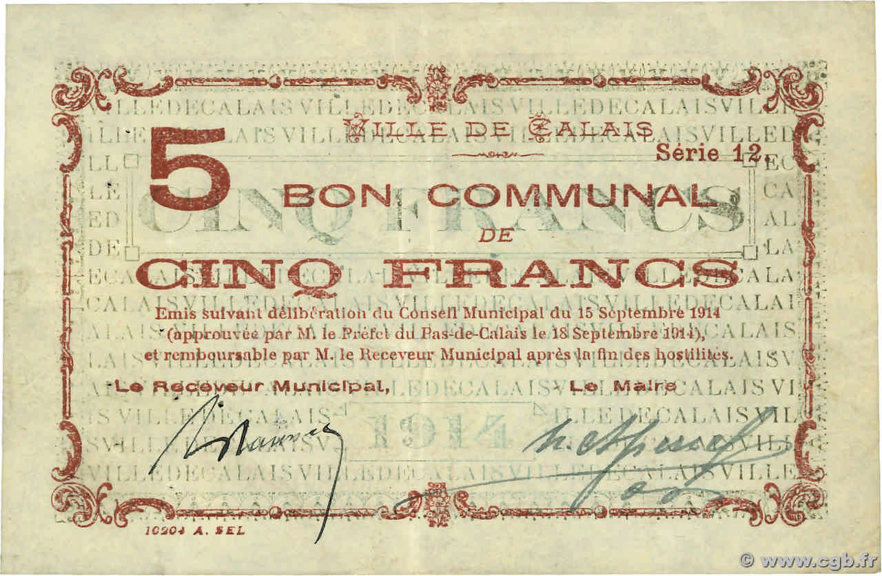 5 Francs FRANCE regionalismo y varios Calais 1914 JP.62-0231 MBC