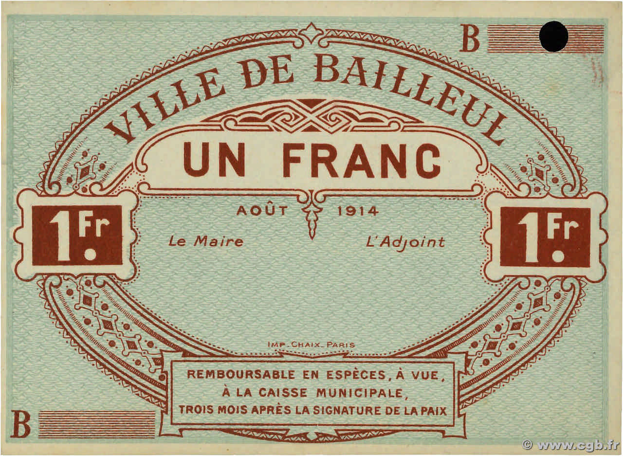 1 Franc Épreuve FRANCE Regionalismus und verschiedenen Bailleul 1914 JP.59-0243 fST+