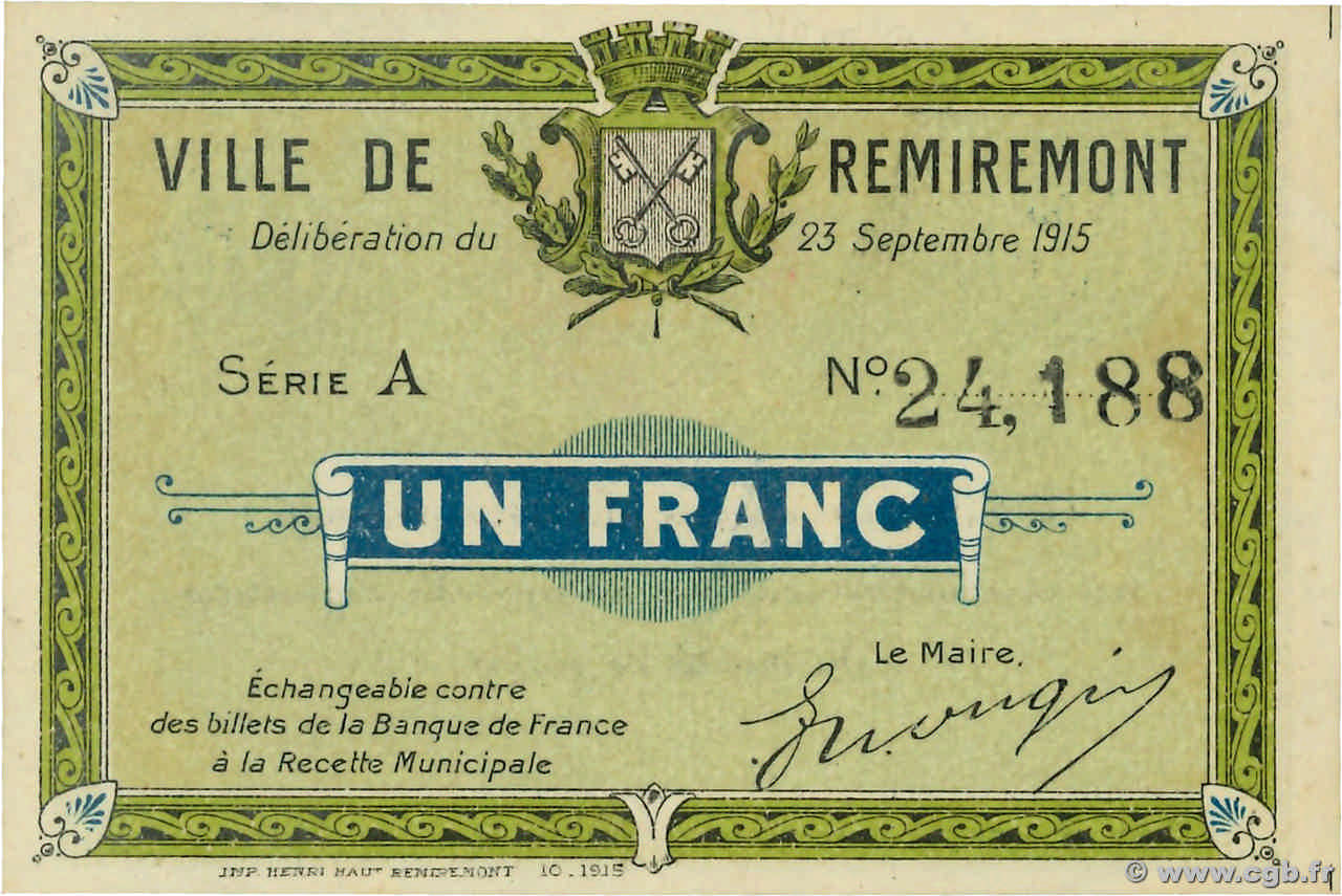 1 Franc FRANCE régionalisme et divers Remiremont 1915 JP.88-063 SPL