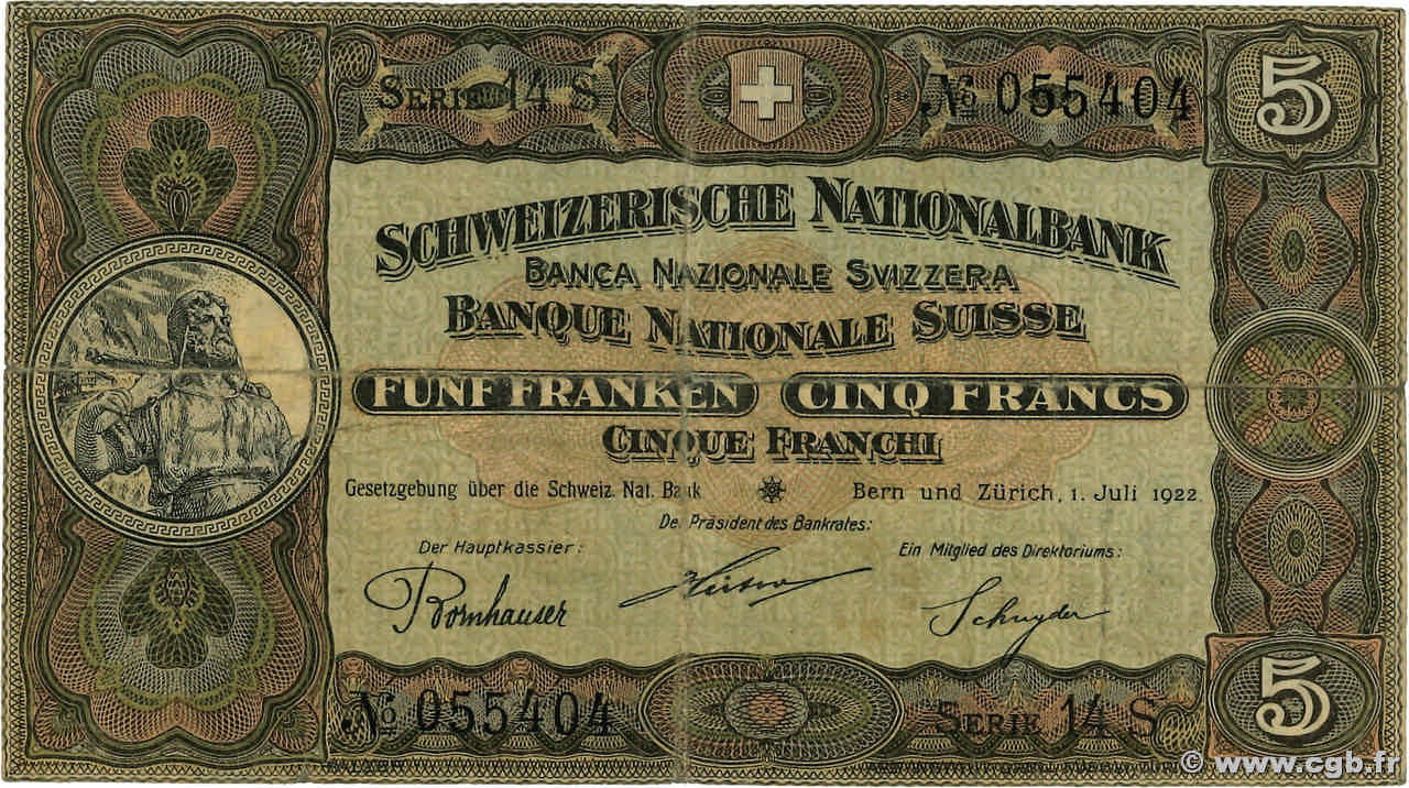 5 Francs SUISSE  1922 P.11f pr.TB