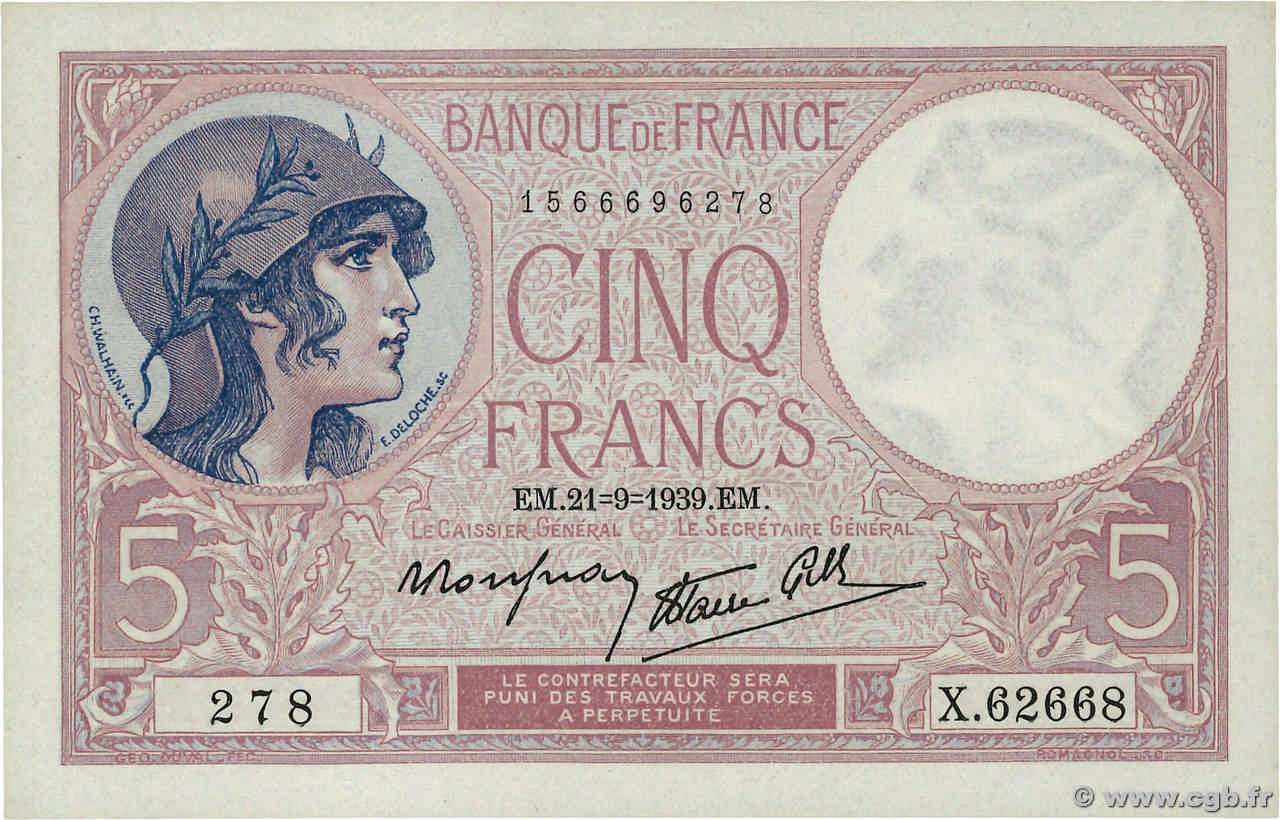 5 Francs FEMME CASQUÉE modifié FRANCE  1939 F.04.09 SUP+