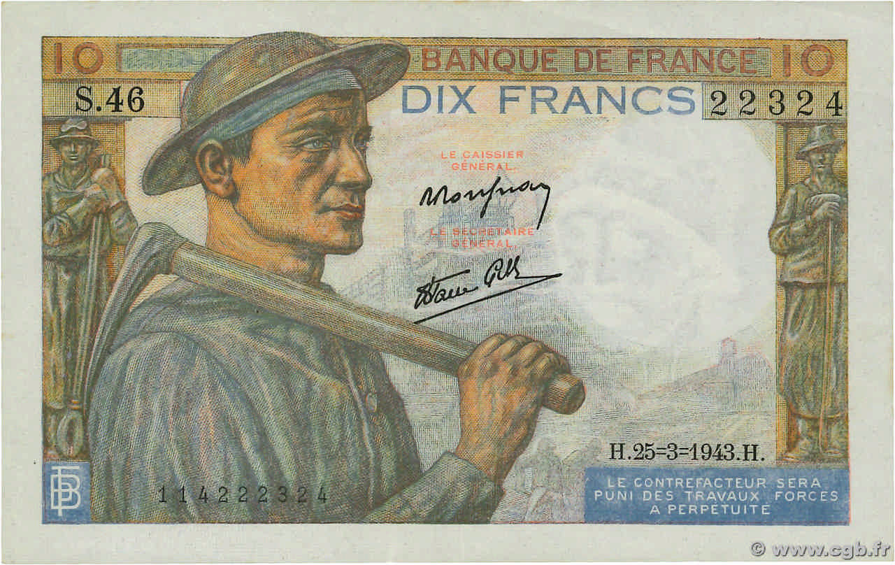 10 Francs MINEUR FRANKREICH  1943 F.08.08 SS