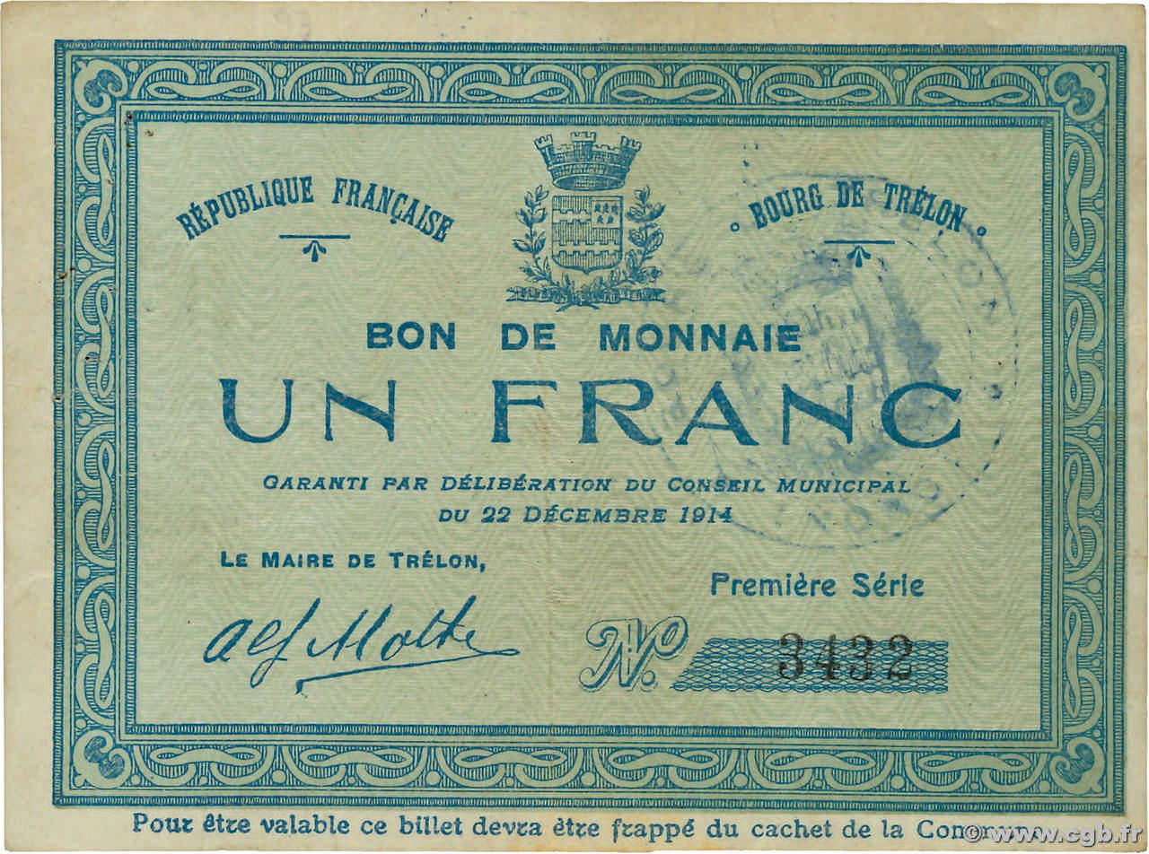 1 Franc FRANCE régionalisme et divers Trelon 1914 JP.59-2508 TB+