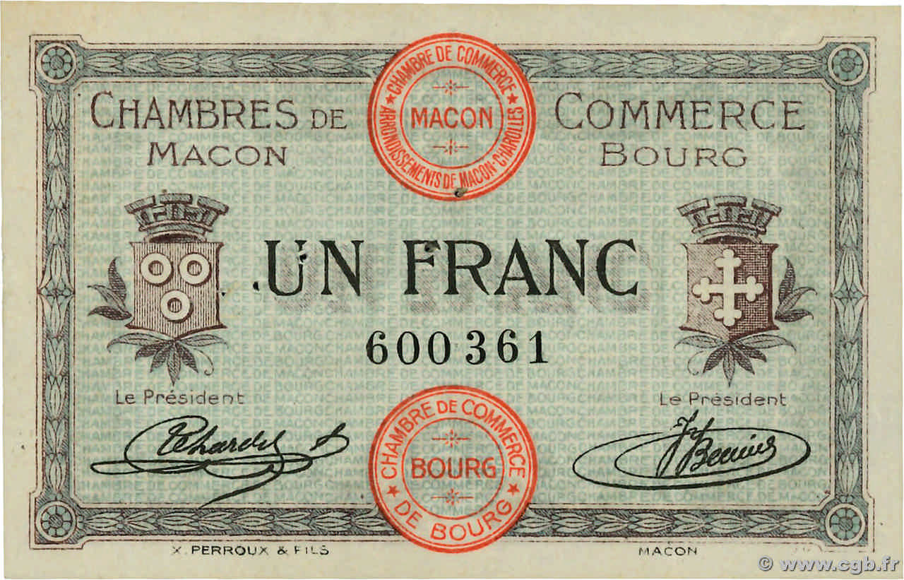1 Franc FRANCE Regionalismus und verschiedenen Macon, Bourg 1915 JP.078.03 SS