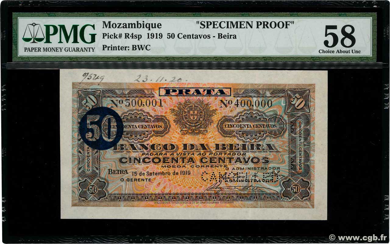 50 Centavos Annulé MOZAMBICO  1919 P.R04s AU
