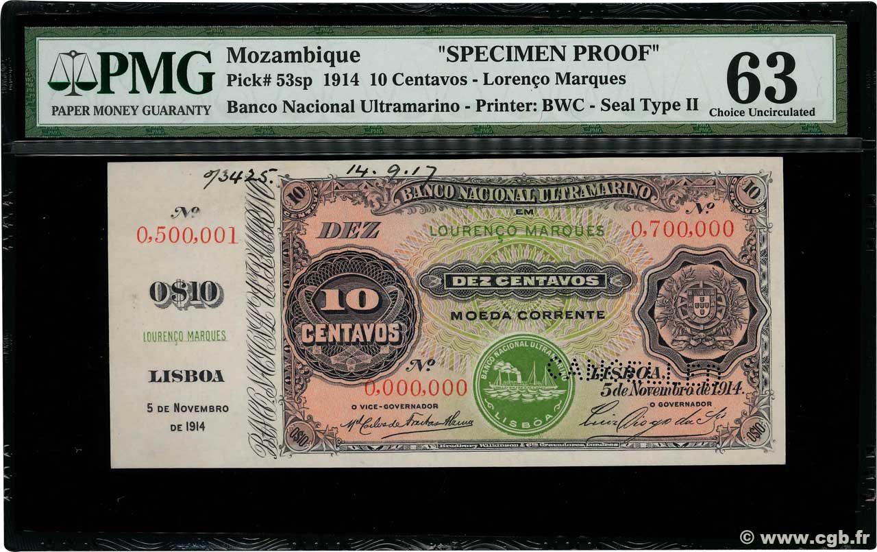 10 Centavos Annulé MOZAMBIQUE Lourenço Marques 1914 P.053s XF+