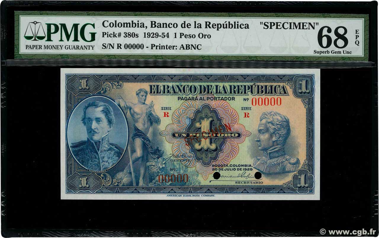 1 Peso Oro Spécimen COLOMBIE  1929 P.380s NEUF