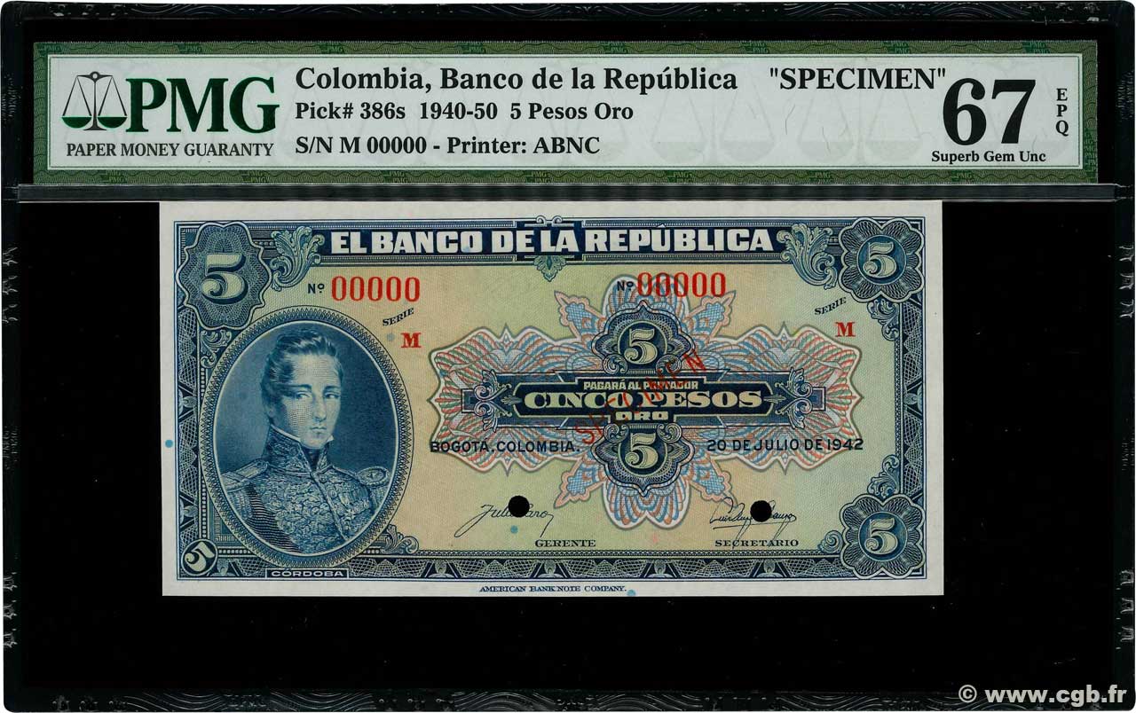 5 Pesos Oro Spécimen COLOMBIA  1942 P.386s UNC