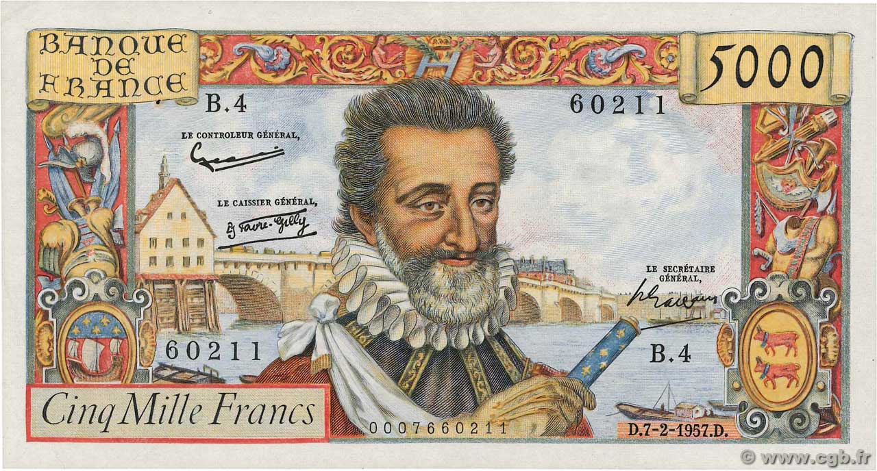 5000 Francs HENRI IV FRANCIA  1957 F.49.01 EBC