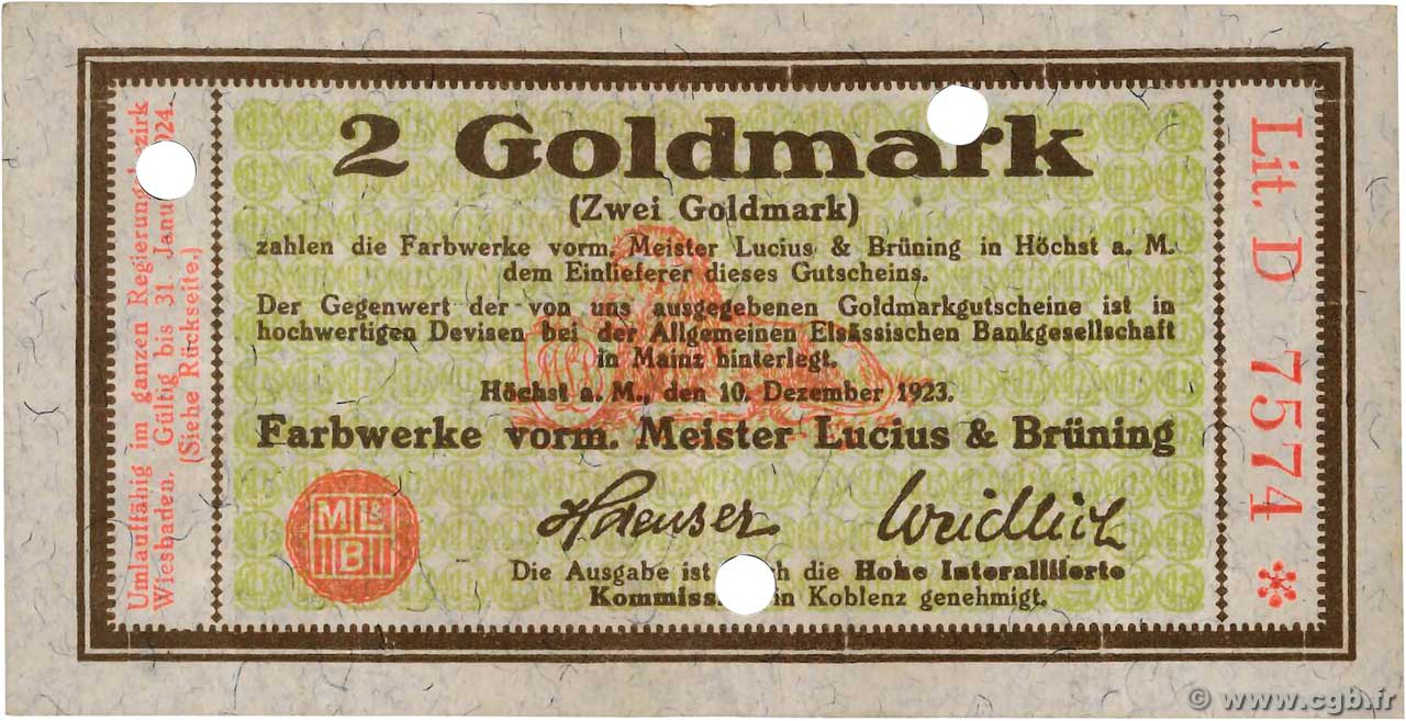 2 Goldmark ALLEMAGNE Hochst 1923 Mul.2525.10 SUP