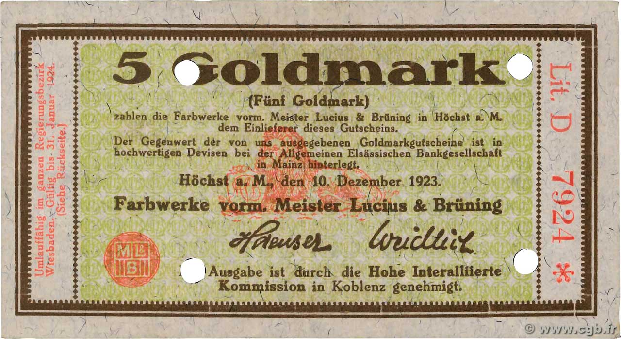 5 Goldmark GERMANIA Hochst 1923 Mul.2525.11 SPL+