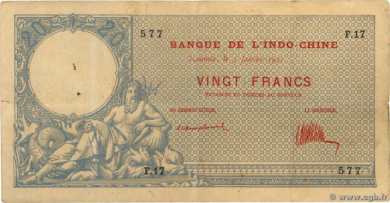 20 Francs NEW CALEDONIA  1921 P.20 F - VF