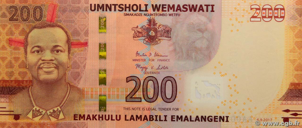 200 Emalangeni SWAZILAND  2017 P.43 FDC
