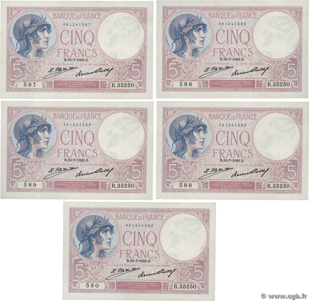 5 Francs FEMME CASQUÉE Consécutifs FRANKREICH  1928 F.03.12 fST+