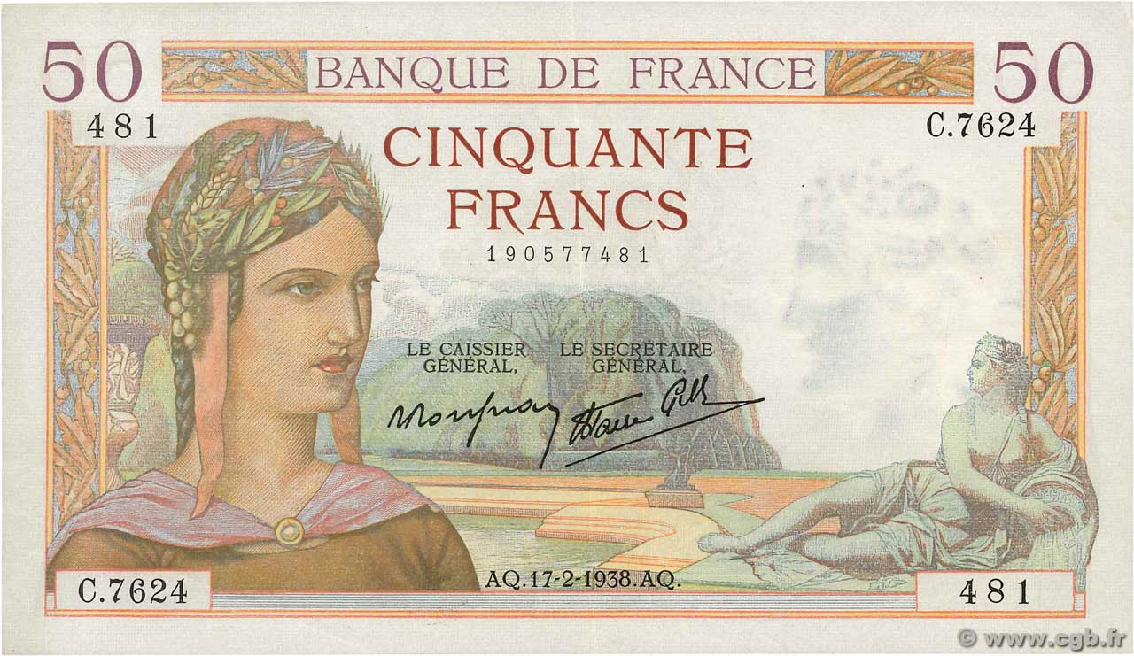 50 Francs CÉRÈS modifié FRANCE  1938 F.18.09 SUP