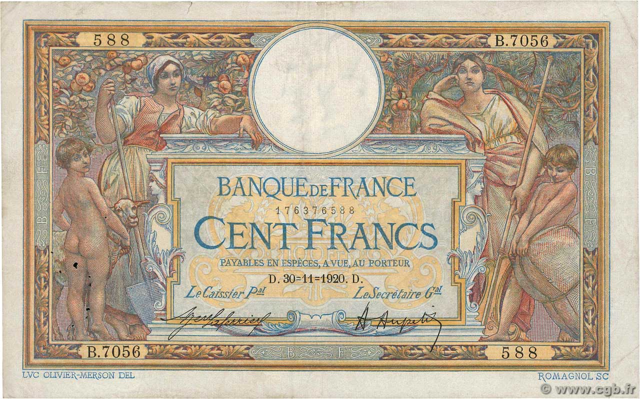 100 Francs LUC OLIVIER MERSON sans LOM FRANCIA  1920 F.23.13 BC+