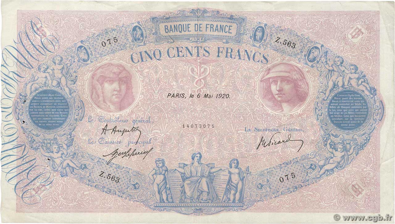500 Francs BLEU ET ROSE FRANCE  1920 F.30.24 VF