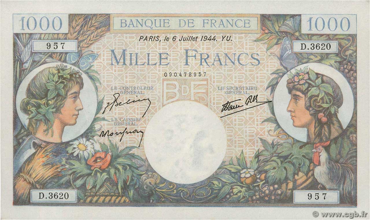 1000 Francs COMMERCE ET INDUSTRIE FRANCE  1944 F.39.10 UNC-