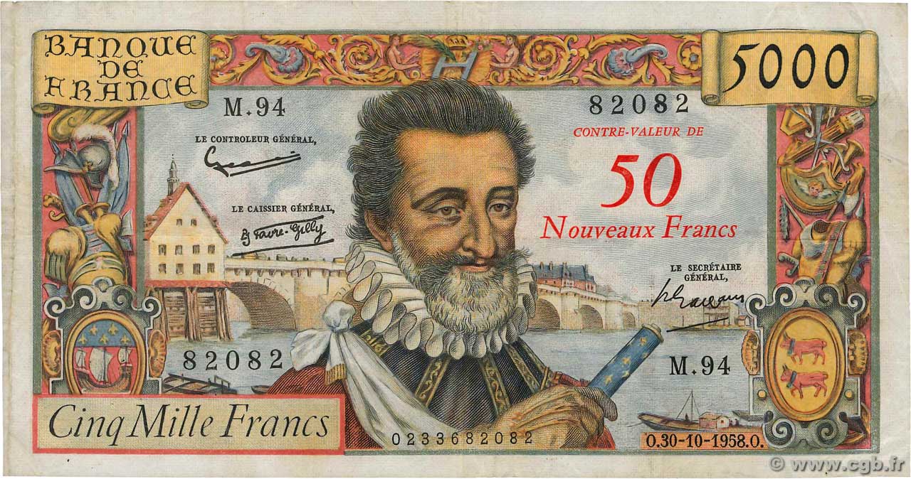 50 NF sur 5000 Francs HENRI IV FRANKREICH  1958 F.54.01 fSS