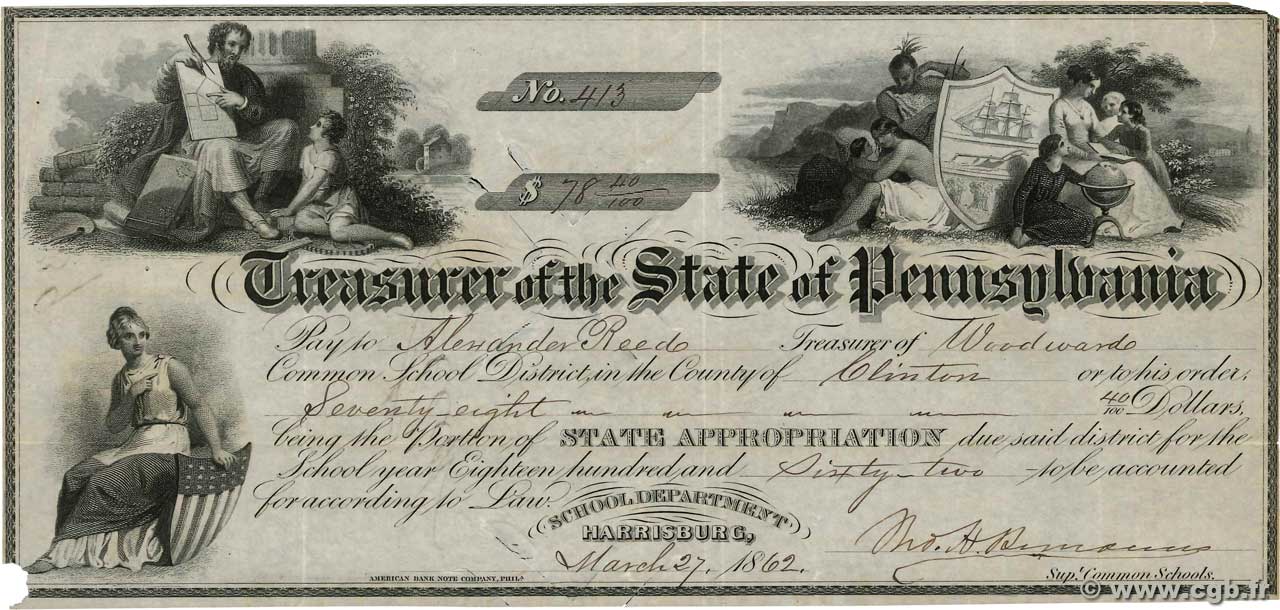 78,40 Dollars ÉTATS-UNIS D AMÉRIQUE Philadelphie 1862 DOC.Chèque TTB