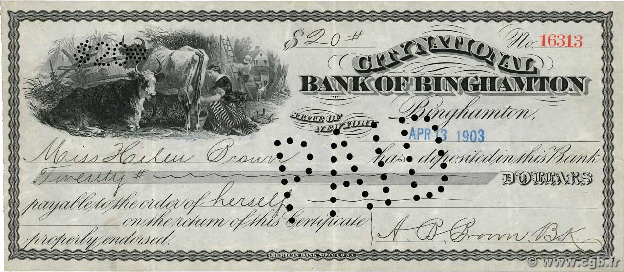 20 Dollars ÉTATS-UNIS D AMÉRIQUE Binghamton 1903 DOC.Chèque TTB