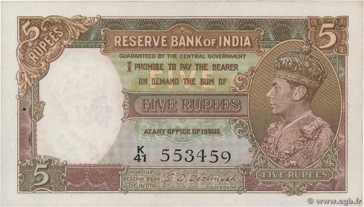 5 Rupees INDE  1943 P.018b SUP
