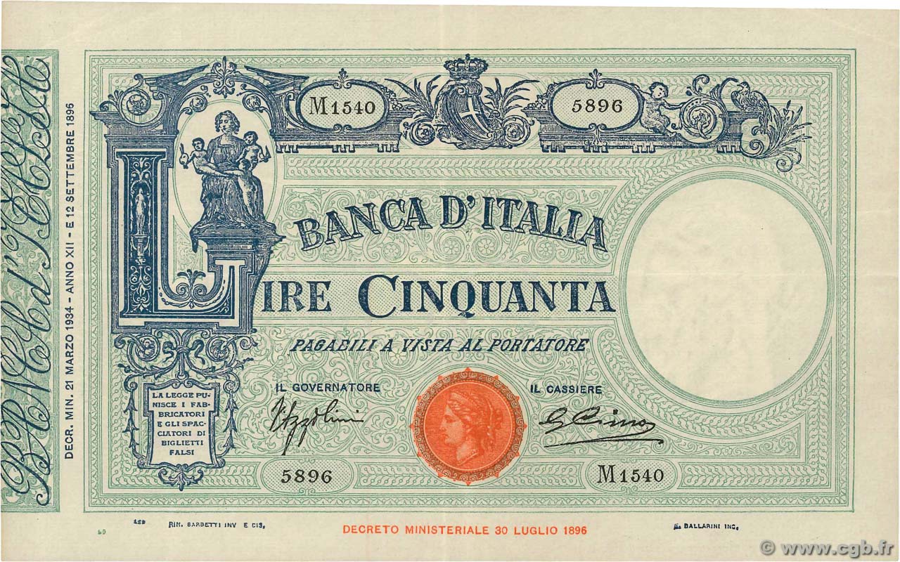 50 Lire ITALIEN  1934 P.047c fVZ