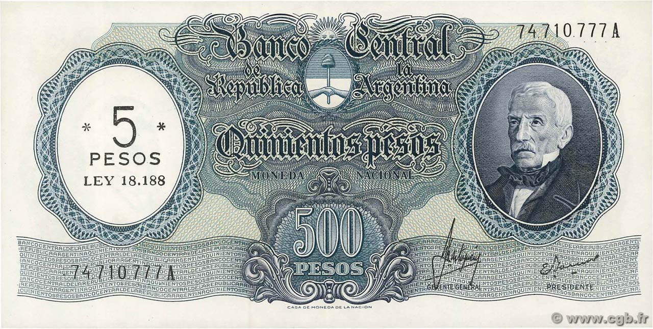 5 Pesos sur 500 Pesos ARGENTINA  1969 P.283 AU-