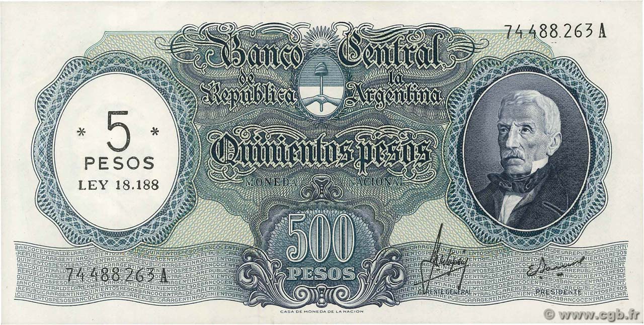 5 Pesos sur 500 Pesos ARGENTINIEN  1969 P.283 VZ