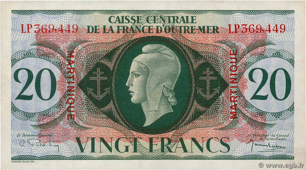 20 Francs MARTINIQUE  1944 P.24 TTB