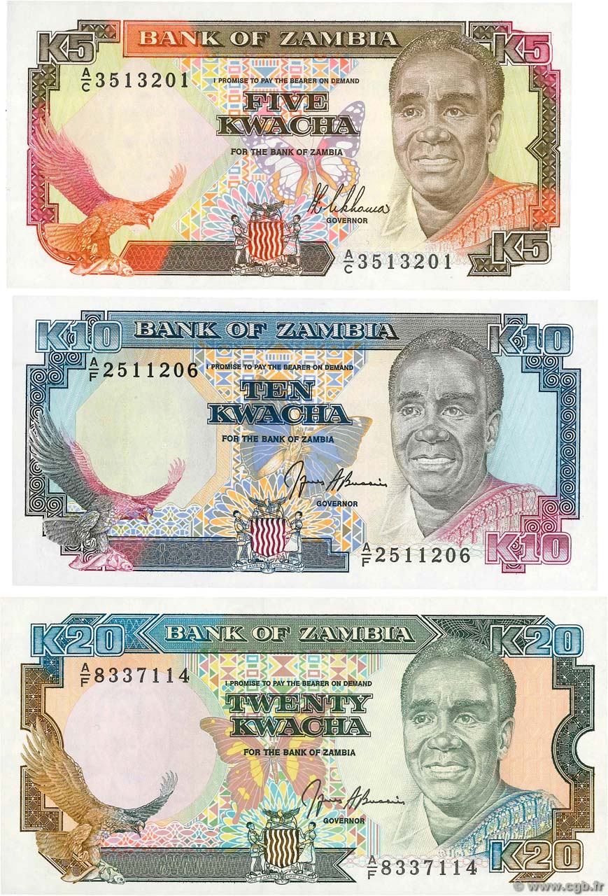 5, 10 et 20 Kwacha Lot ZAMBIA  1989 P.LOT UNC