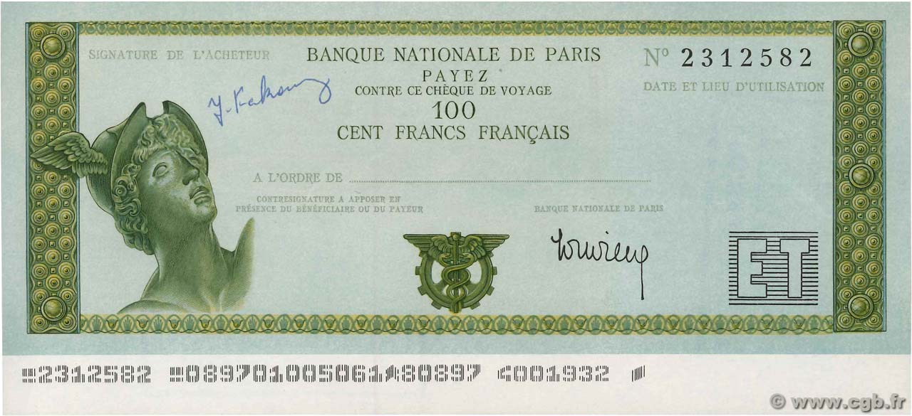 100 Francs FRENCH WEST AFRICA (1895-1958) Abidjan 1975 DOC.Chèque AU