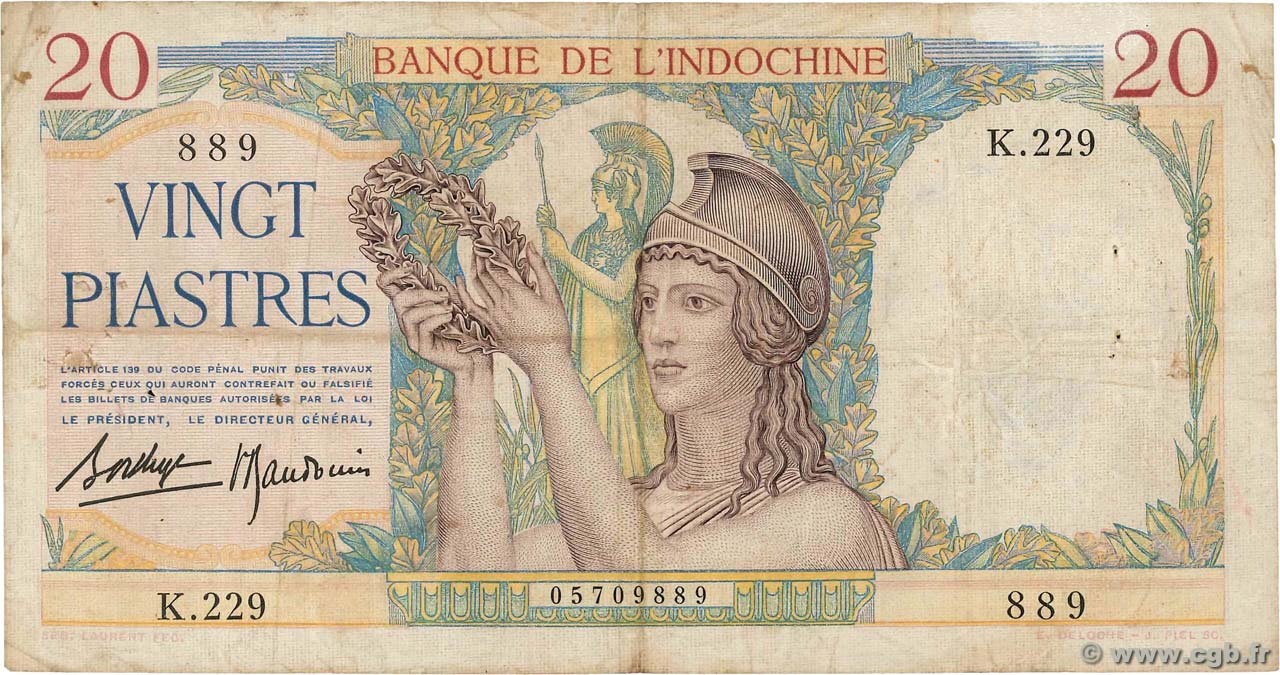 20 Piastres INDOCINA FRANCESE  1936 P.056b MB