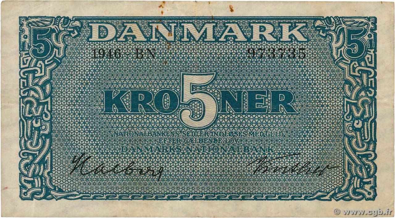 5 Kroner DANEMARK  1946 P.035c TB+