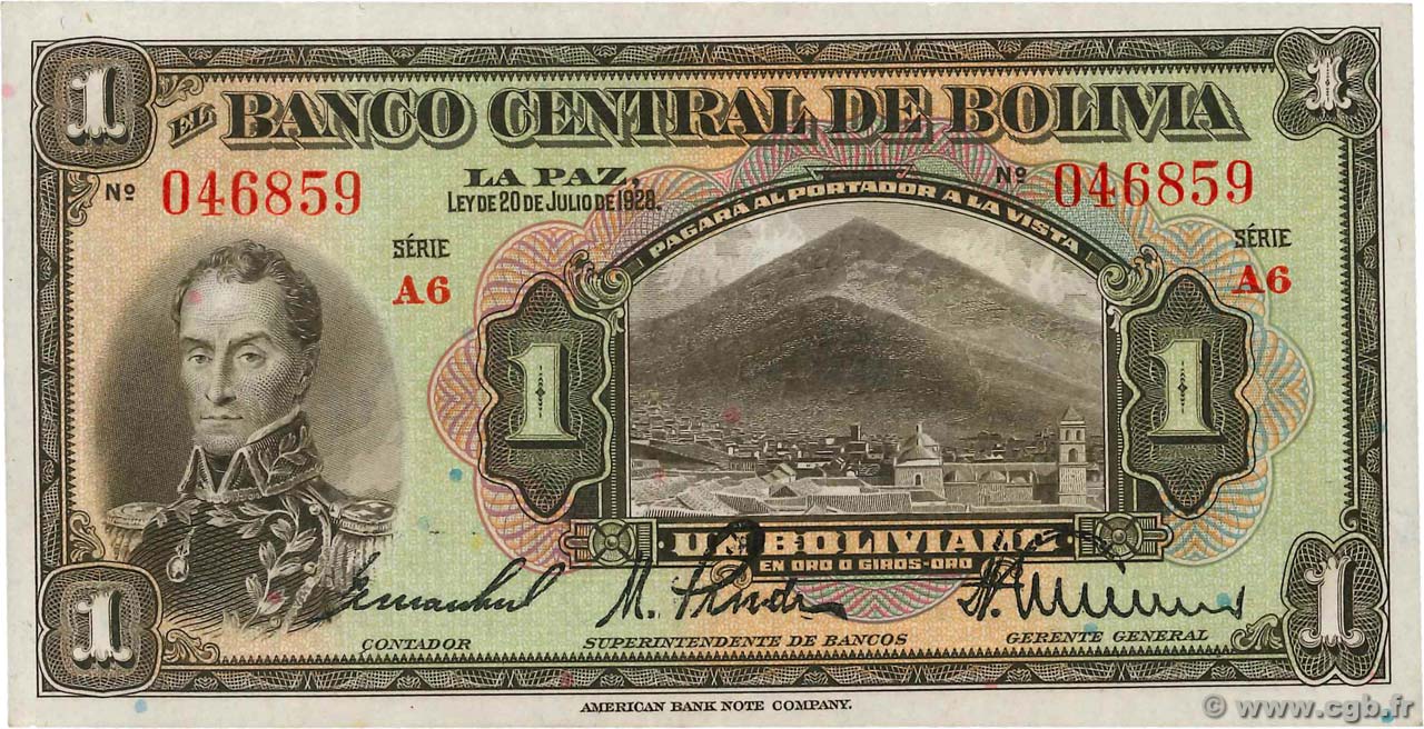 1 Boliviano BOLIVIA  1928 P.118a AU-