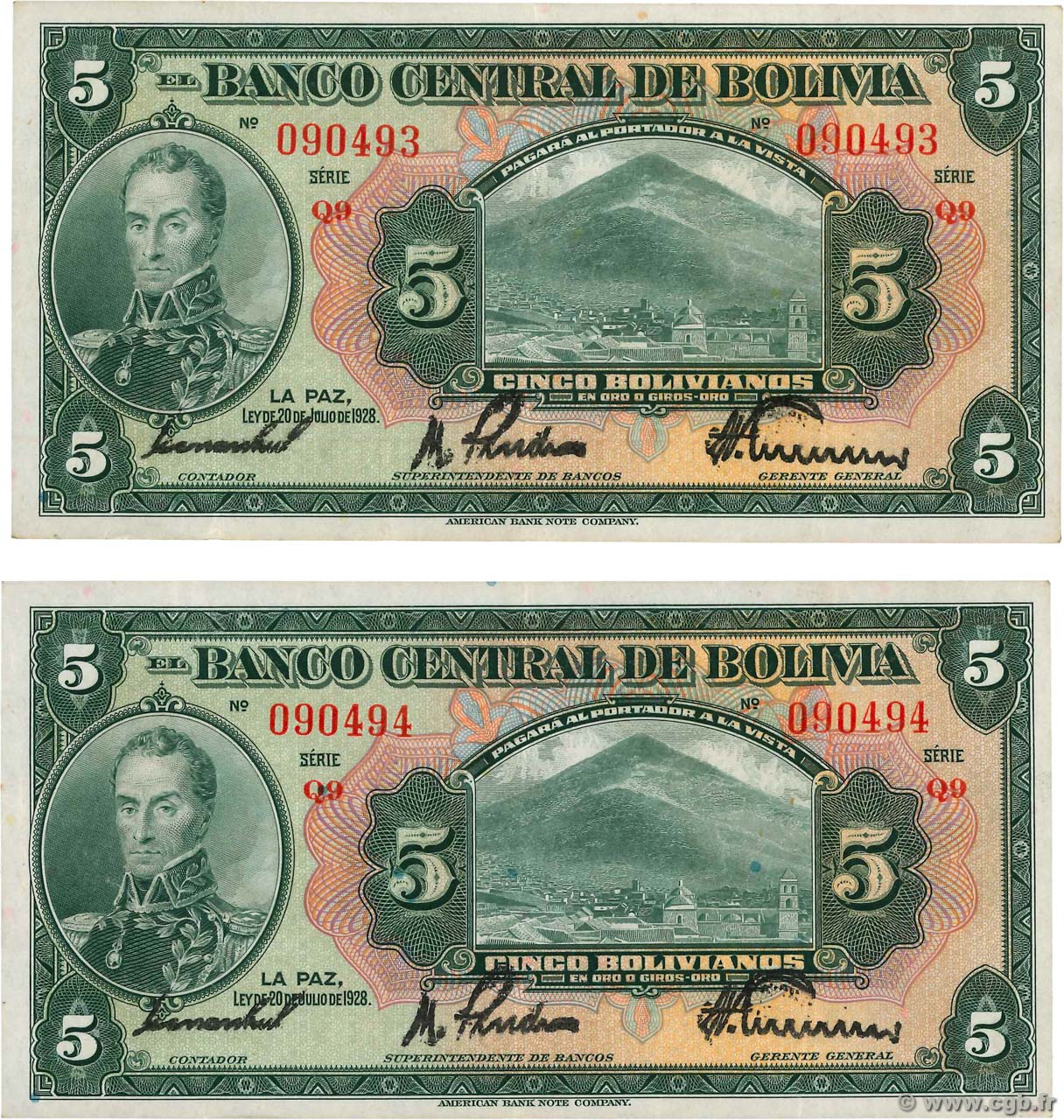 5 Bolivianos Consécutifs BOLIVIE  1928 P.120a SUP